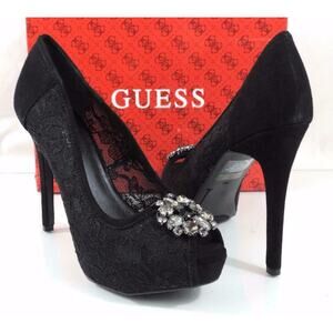 Guess Hotspot Platform Dress Pumps Heels Black Multi Fabric Size 10